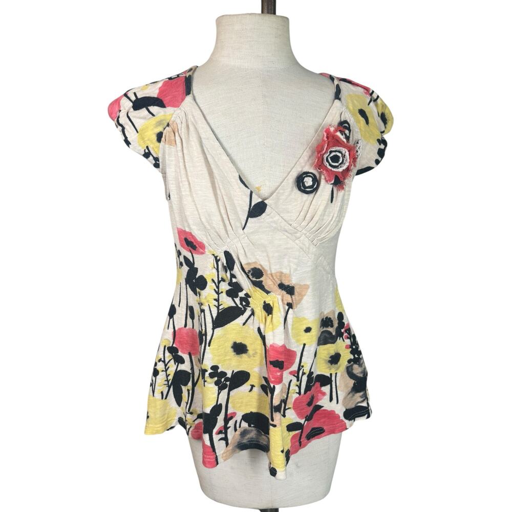 VTG Y2K Baraschi Poppy Floral Print Babydoll Top M Cotton 3D Applique Casual